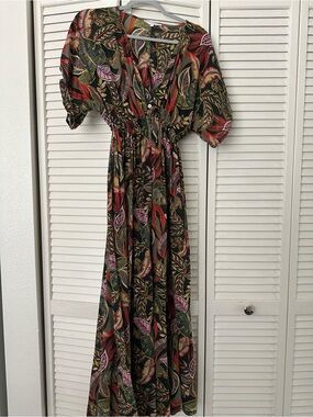 Olivaceous Black Maxi Dress with Red, Pink & Green Leaf Print